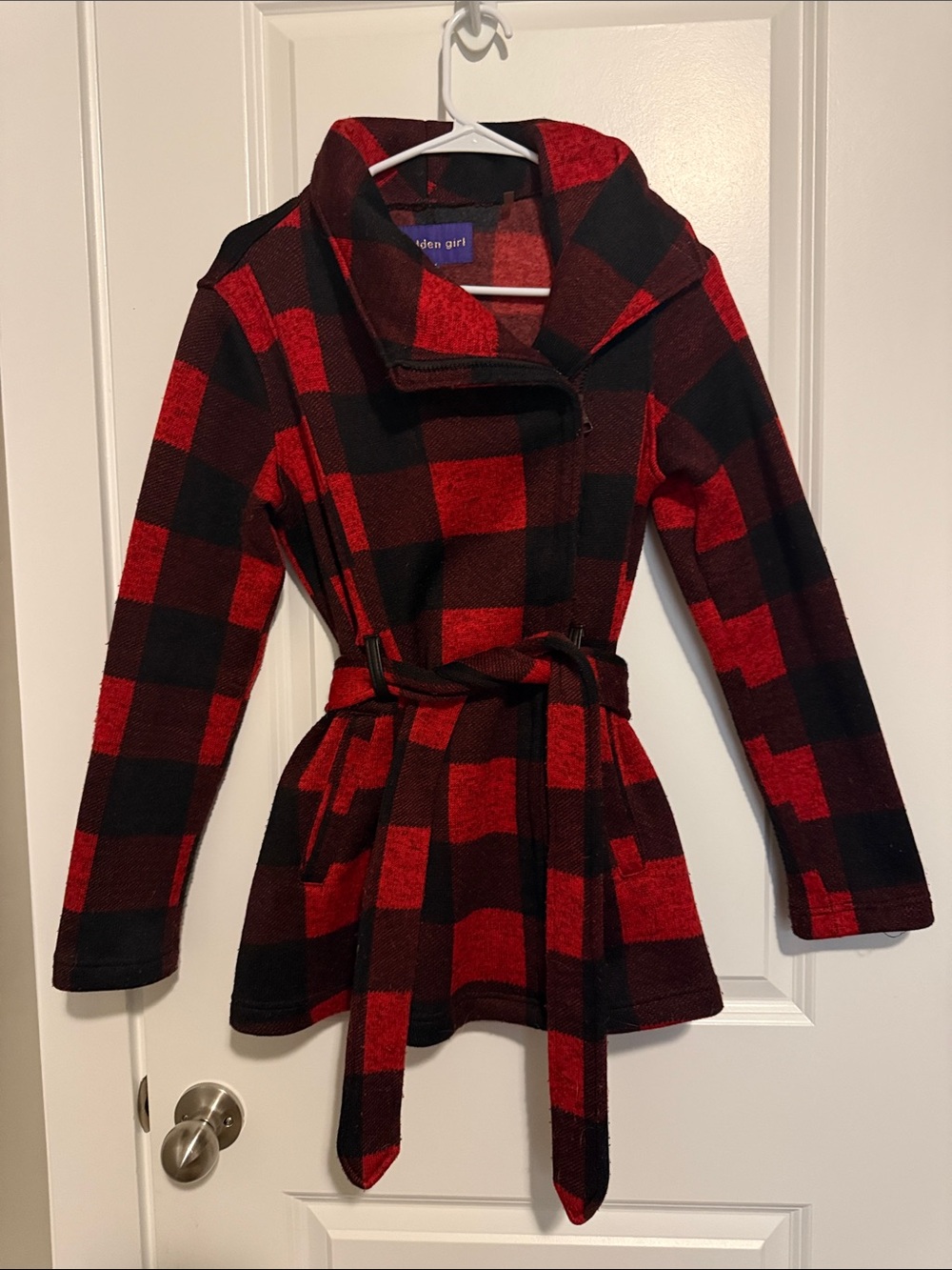 Madden Girl Red and Black Plaid Belted Peacoat